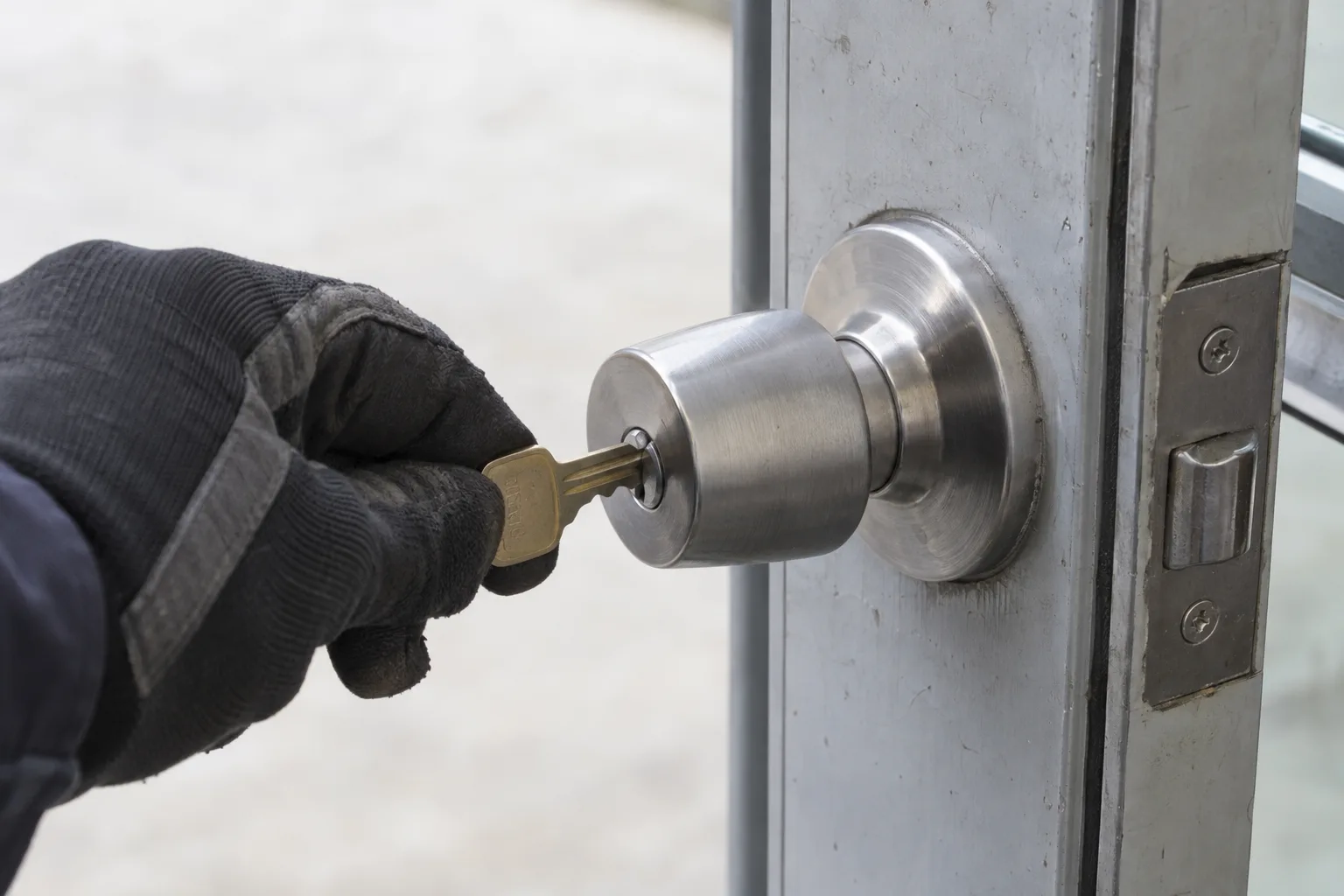 A gloved hand turning a brass key in a satin-chrome commercial cylindrical knob lock mounted on a metal door stile, with a neutral blown-out background and natural side lighting