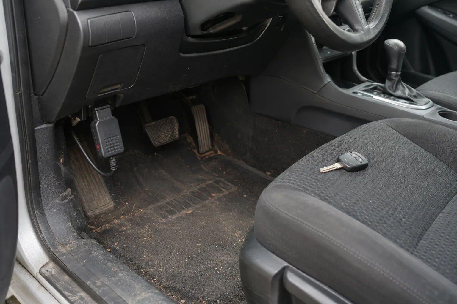 A handheld transponder programming device plugged into the OBD2 diagnostic port under a car's dashboard, with a newly cut car key resting on the driver's seat above