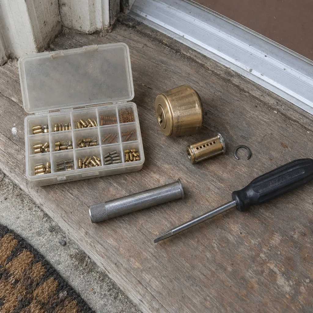 An overhead view of a disassembled deadbolt cylinder and an open rekey pin kit with brass pins sorted in a tray, a plug-follower and screwdriver laid on a wooden doorstep