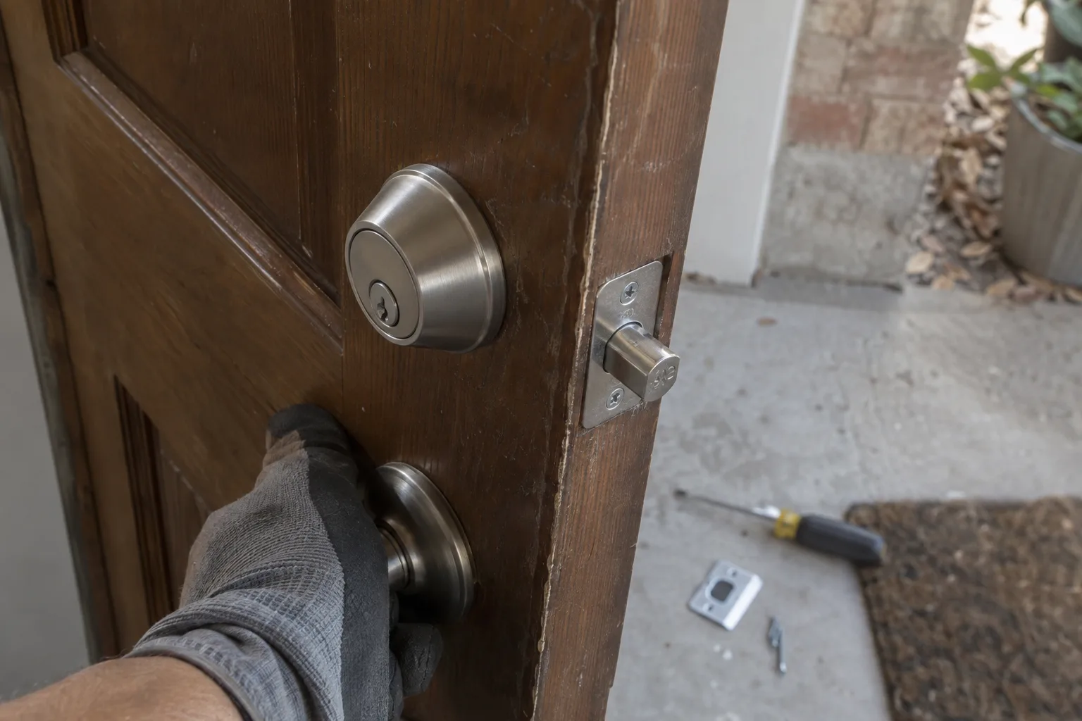 A freshly installed satin nickel deadbolt on the edge of a wooden front door, with a screwdriver and strike plate on the porch