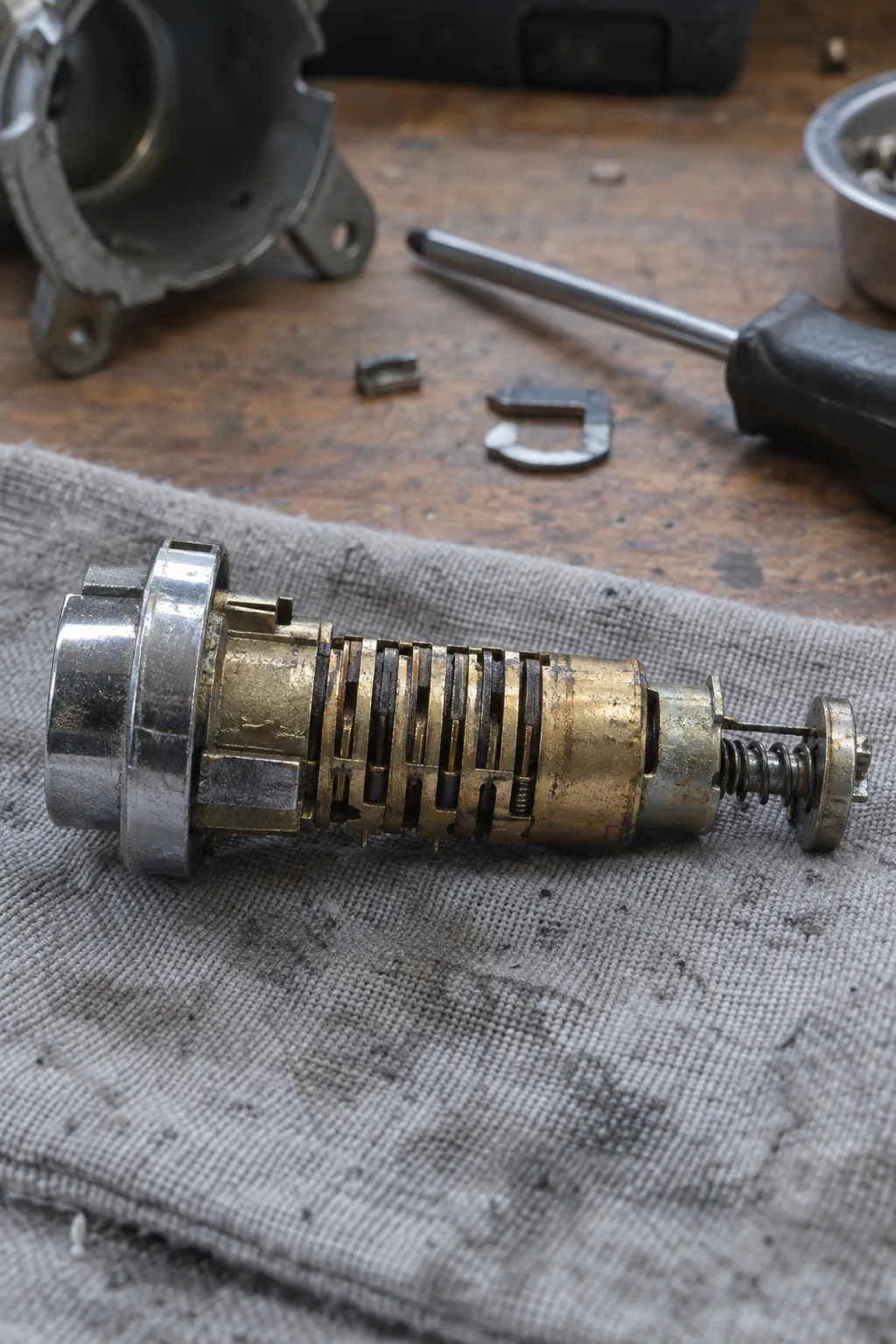 A car ignition cylinder laid on its side on a workbench, showing the rows of internal wafers along the exposed barrel in profile, on a grey cloth