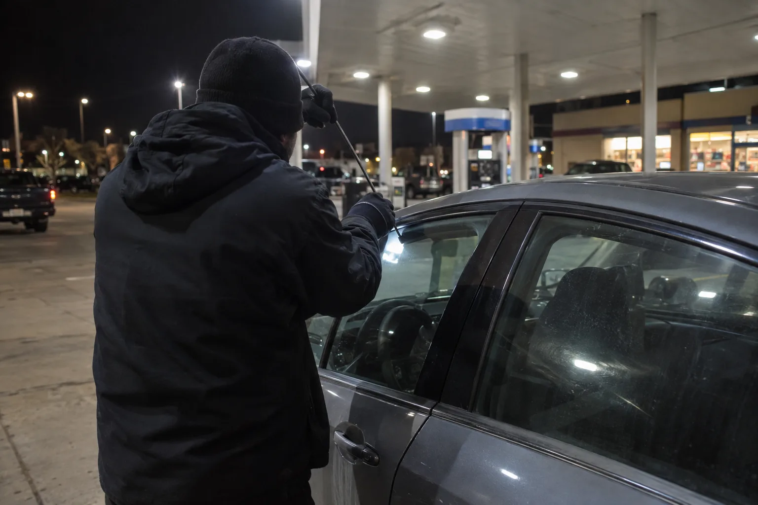 A locksmith technician working at the driver's door of a sedan in a gas station parking lot at night, using a long-reach tool at the top of the door frame while holding a flashlight against the window, with a lit convenience store visible in the background.