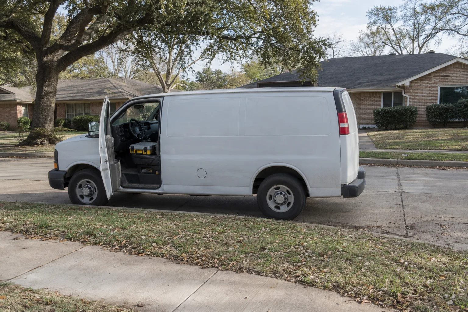White work van parked on a suburban Dallas street with the driver's door open and a tool case visible inside, single-story brick homes and live oak trees lining the block under a wide afternoon Texas sky