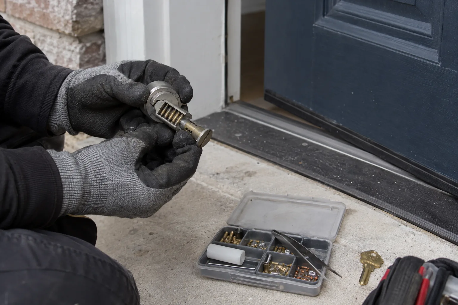 A locksmith's gloved hands holding an open deadbolt cylinder showing the internal pin chamber, with a rekeying kit containing small brass pins, a follower tool, and a freshly cut key arranged on a concrete porch step of a new construction home