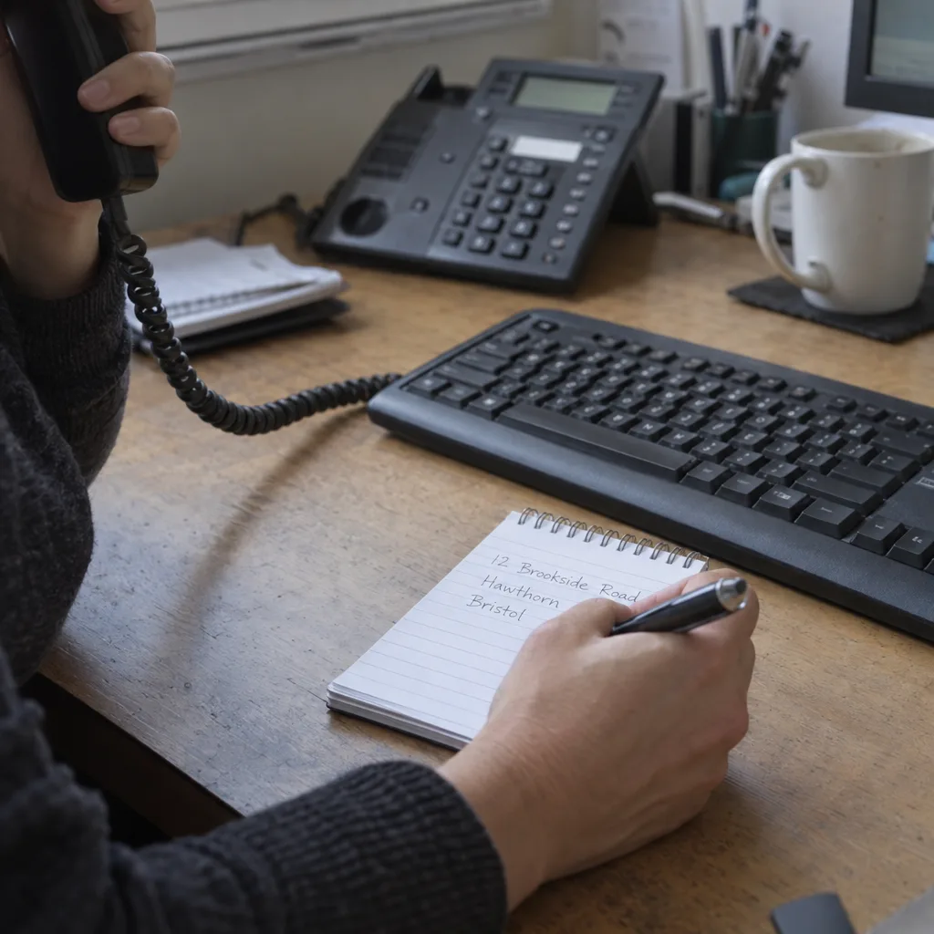 A person's hands at a plain desk, one holding a phone handset, the other writing on a notepad beside a keyboard, lit by warm daylight from a nearby window