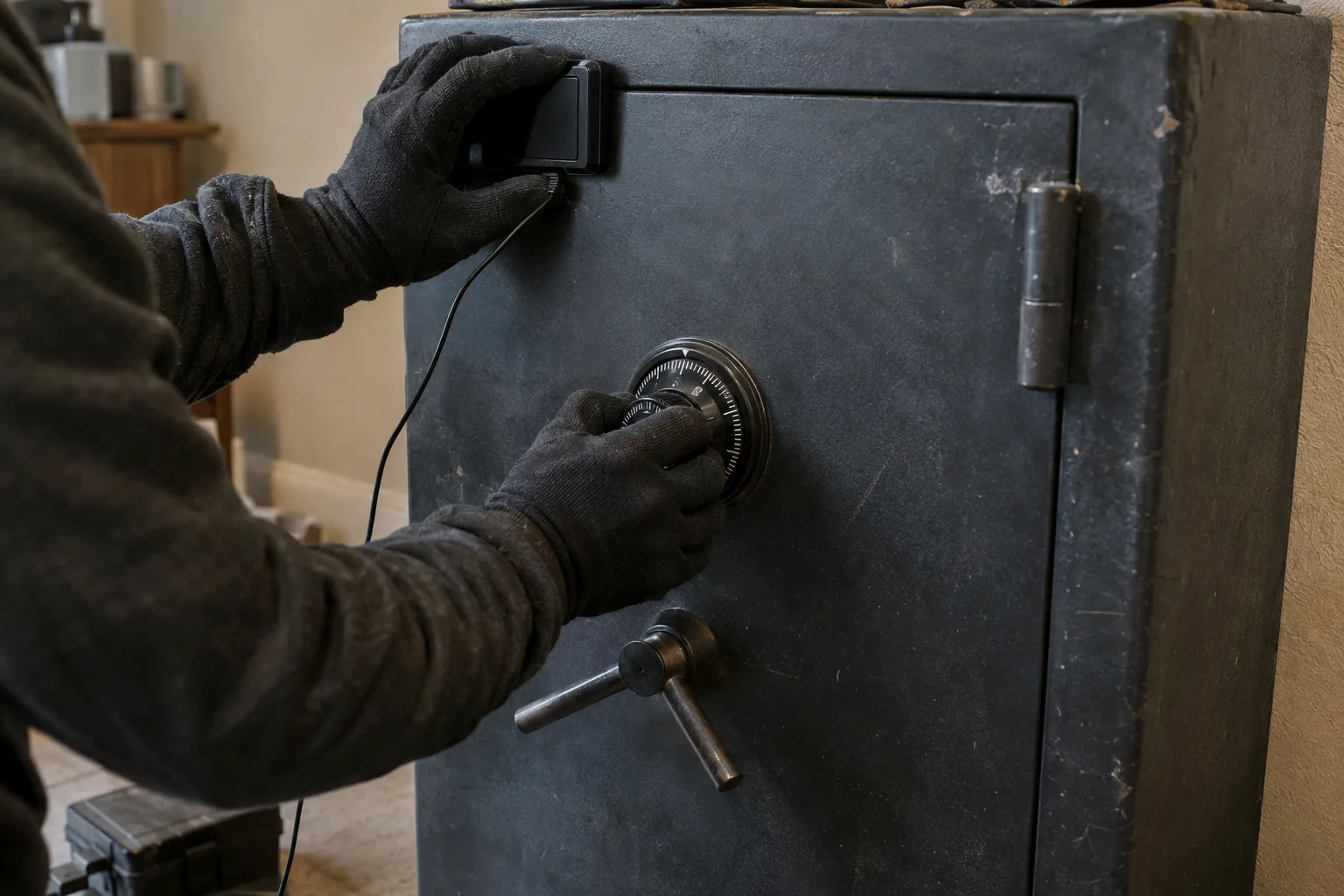 A gloved hand turning the combination dial on a residential safe door while a contact listening device is pressed against the steel face, capturing a non-destructive safe manipulation attempt indoors