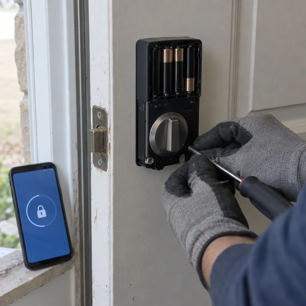 Close-up of gloved hands tightening the interior mounting plate of a smart deadbolt on a residential front door, with a smartphone propped against the door frame displaying a lock pairing app screen