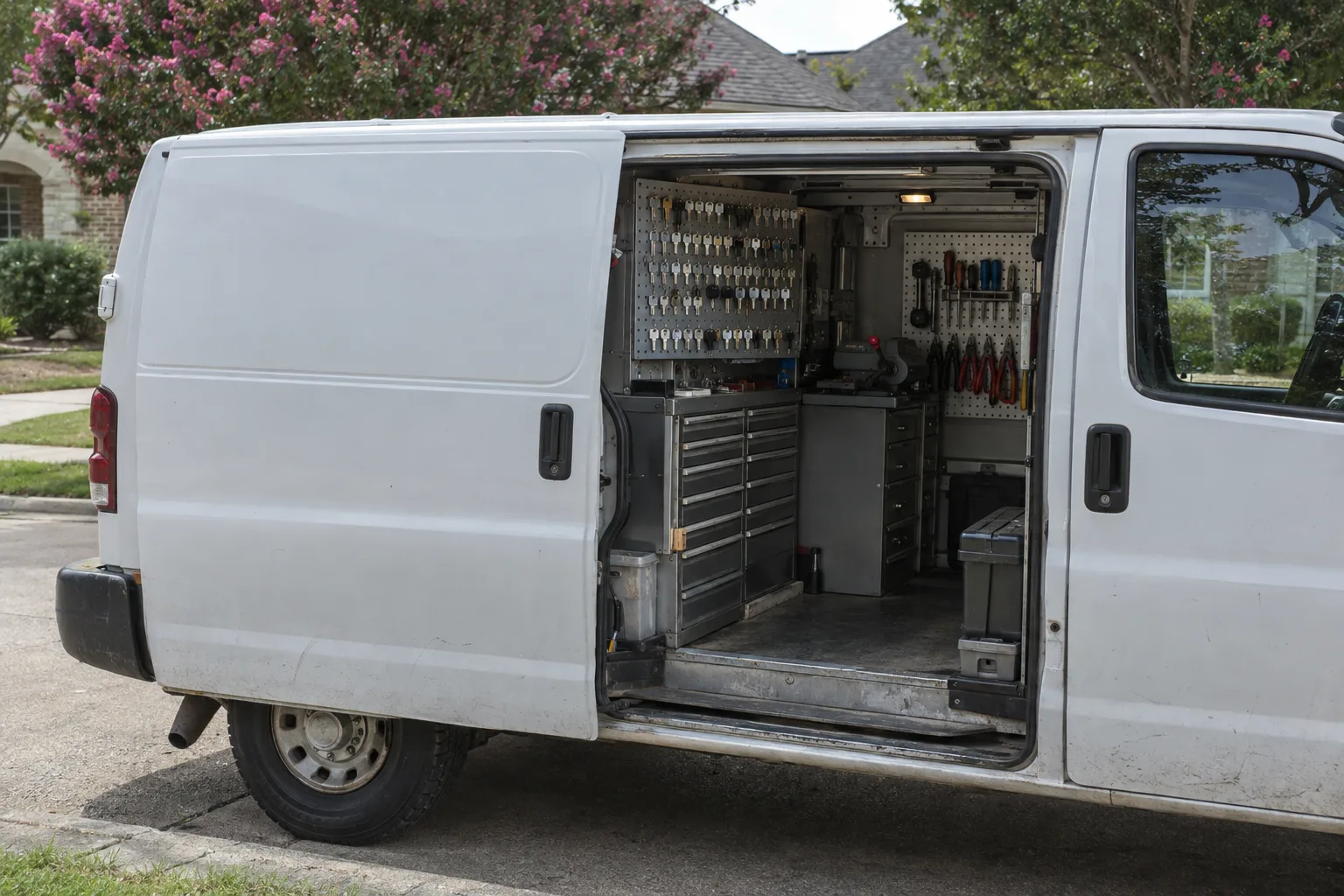 White cargo van with sliding side door open, parked on a tree-lined suburban street in bright Texas sunlight, interior showing organised metal drawers, pegboard tool storage, and rows of key blanks