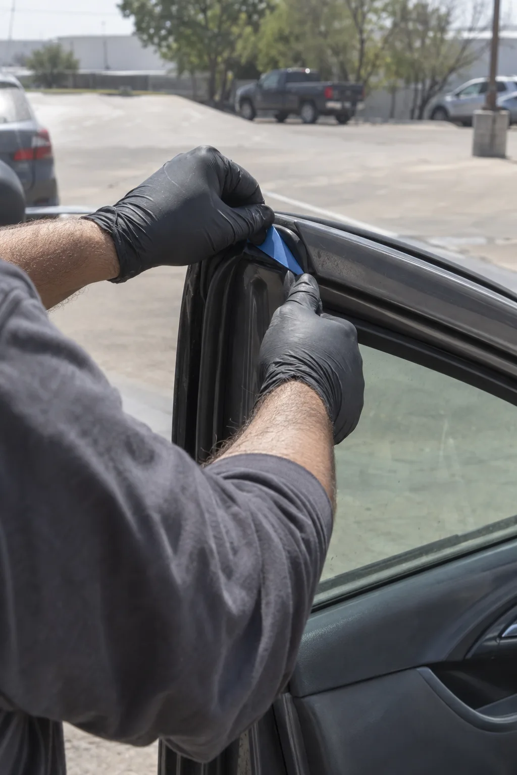 Gloved hands pressing a thin plastic wedge into the top corner of a car door gap in a sunlit parking lot, with heat haze rising from the asphalt in the background
