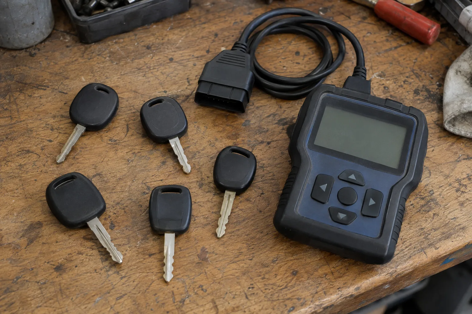 Several blank transponder car keys with black plastic heads arranged on a workbench next to a handheld key programming device and a coiled OBD cable
