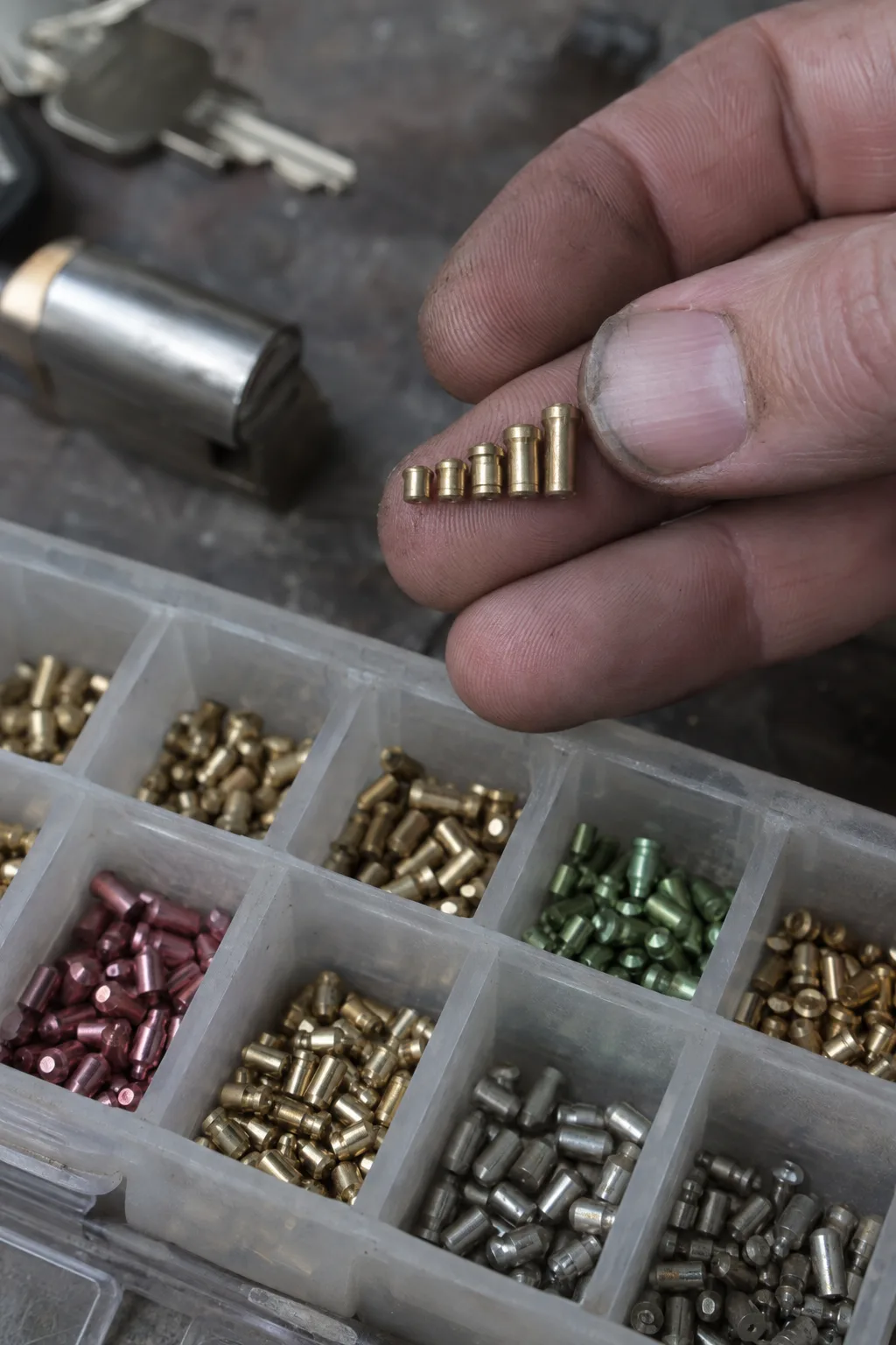 A locksmith's hand displaying a row of small brass key pins sorted by size above an open pin kit tray with multiple compartments holding additional sorted pins