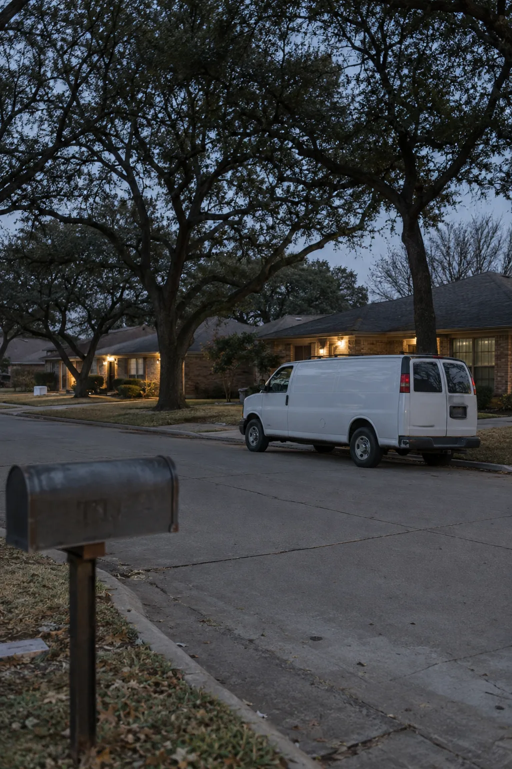 A locksmith's van parked on a quiet residential street at dusk, house numbers visible on a mailbox in the foreground, suburban Dallas Fort Worth neighborhood