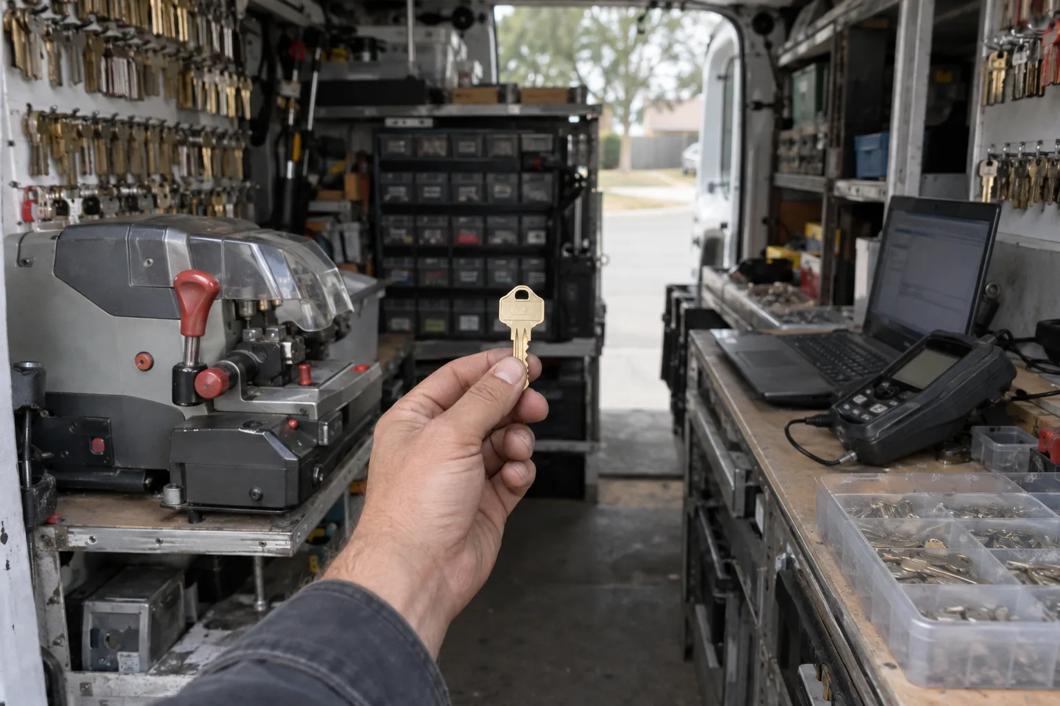 The interior of a locksmith's work van with its rear doors open, showing a mounted key-cutting machine, a transponder programmer, and a hand holding a freshly cut brass key blank, with organized shelves of key blanks and tools in the background.