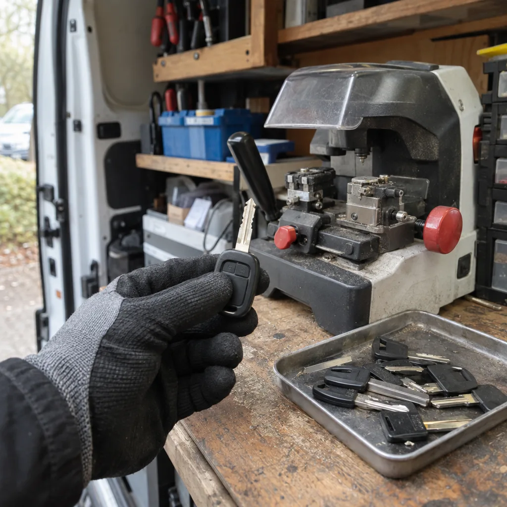 Inside a locksmith van, a gloved hand holds up a freshly cut car key next to a key-cutting machine and a tray of blank car keys