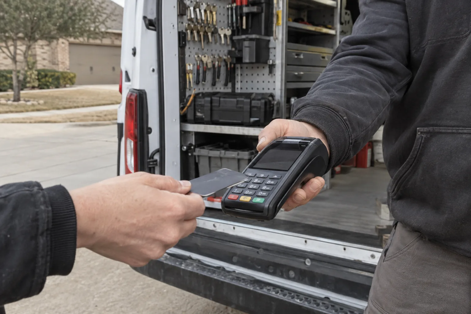 A card payment terminal held out next to an open work van parked in a sunny suburban driveway, with locksmith tools and key blanks visible on shelving inside the van