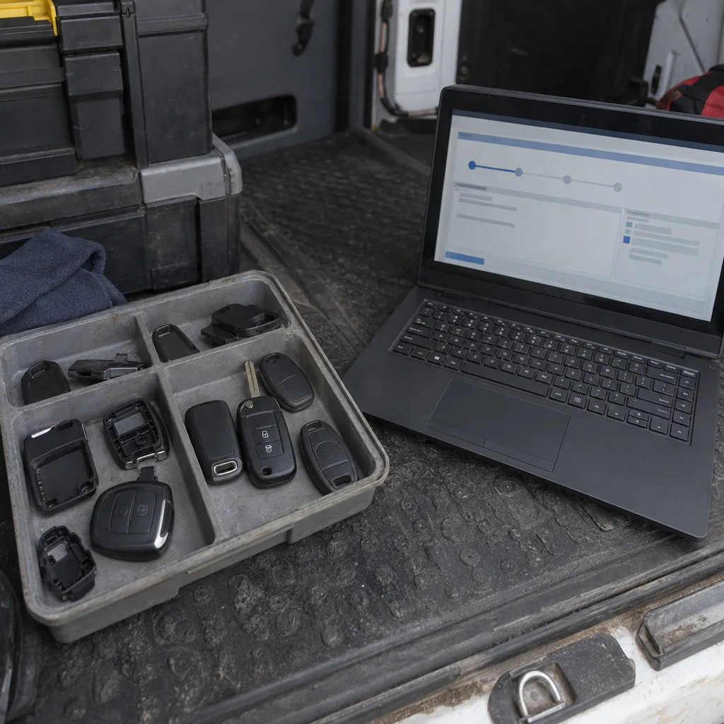 A tray of assorted blank car remotes and smart key fobs beside a laptop running key programming software