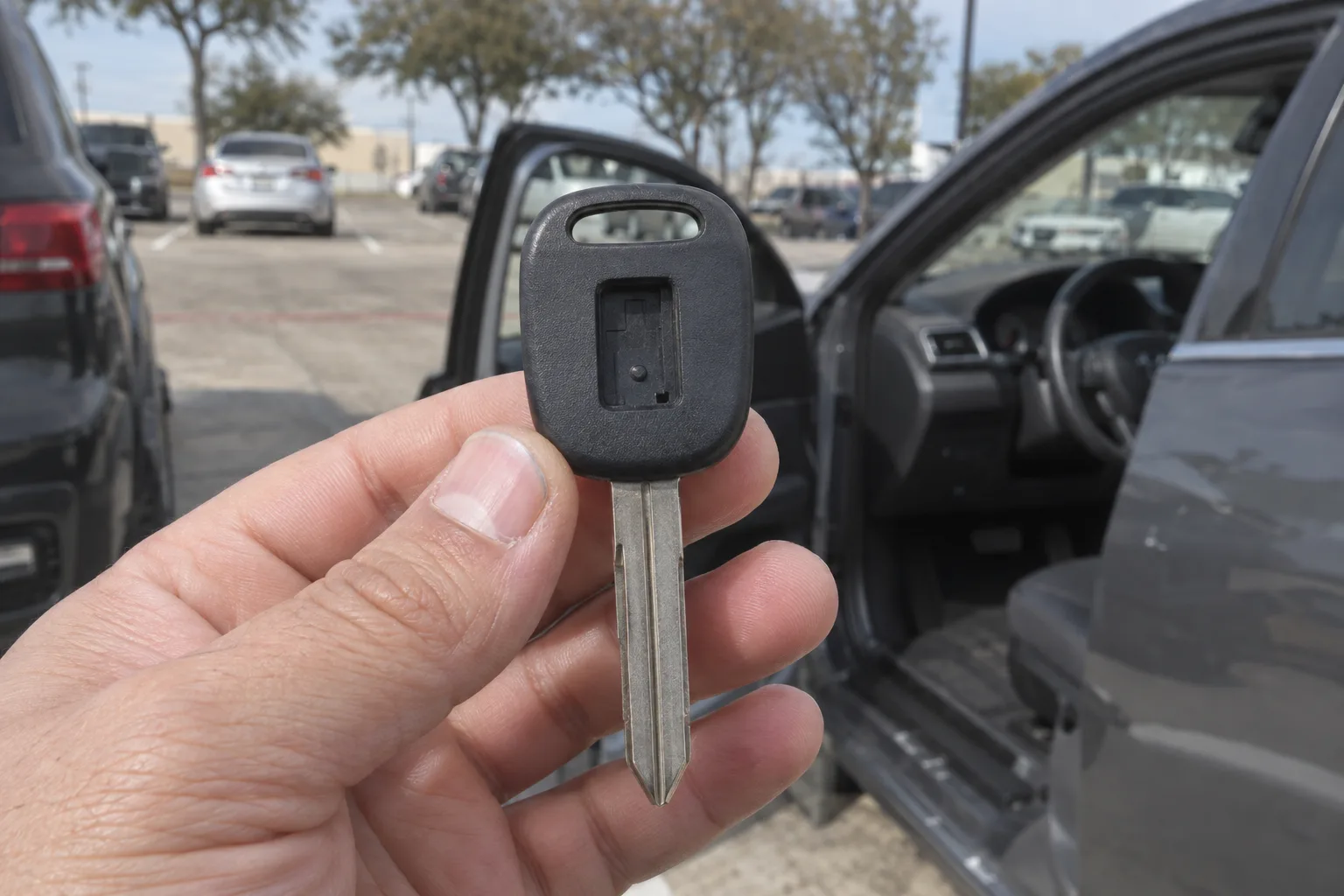A hand holds an uncut transponder key blank with its plastic head showing the recessed chip cavity, in front of a blurred open car door in a sunlit parking lot