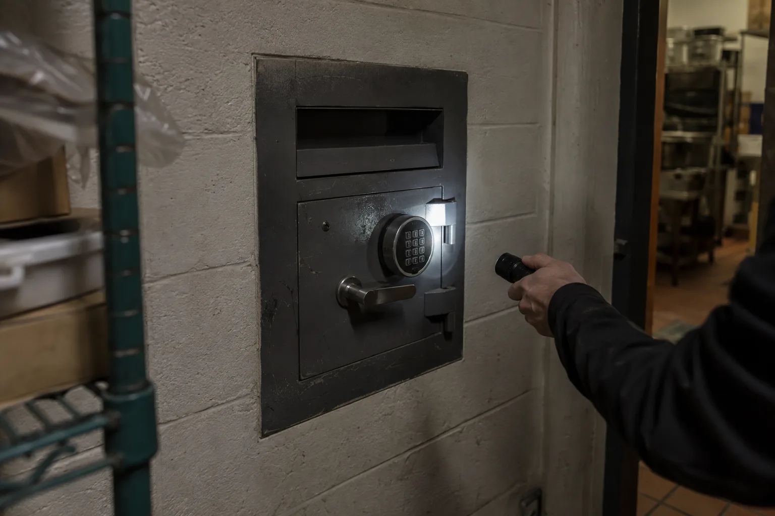 Close view of a commercial drop safe mounted in a concrete-block wall inside a darkened restaurant storage room, with a gloved hand directing a flashlight beam at the safe's digital keypad and door seam.