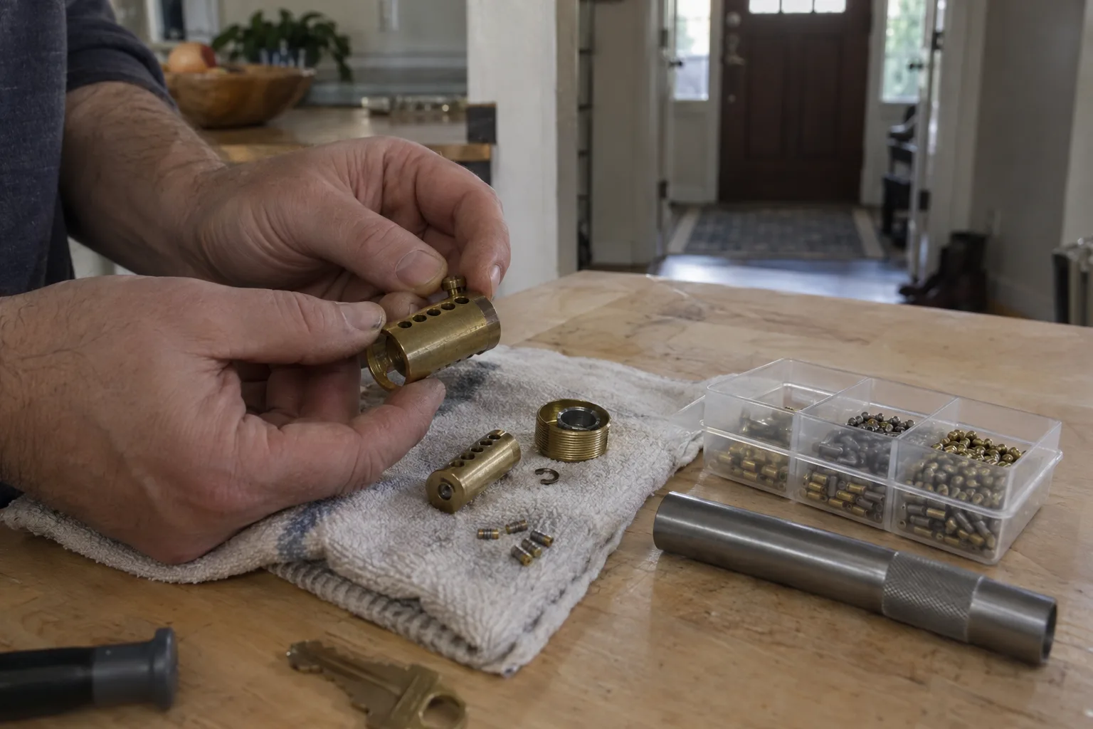 A locksmith's hands working on a disassembled brass deadbolt cylinder on a cloth-covered kitchen counter, with a pin kit tray and plug follower tool laid out nearby, and an out-of-focus front door visible in the background.