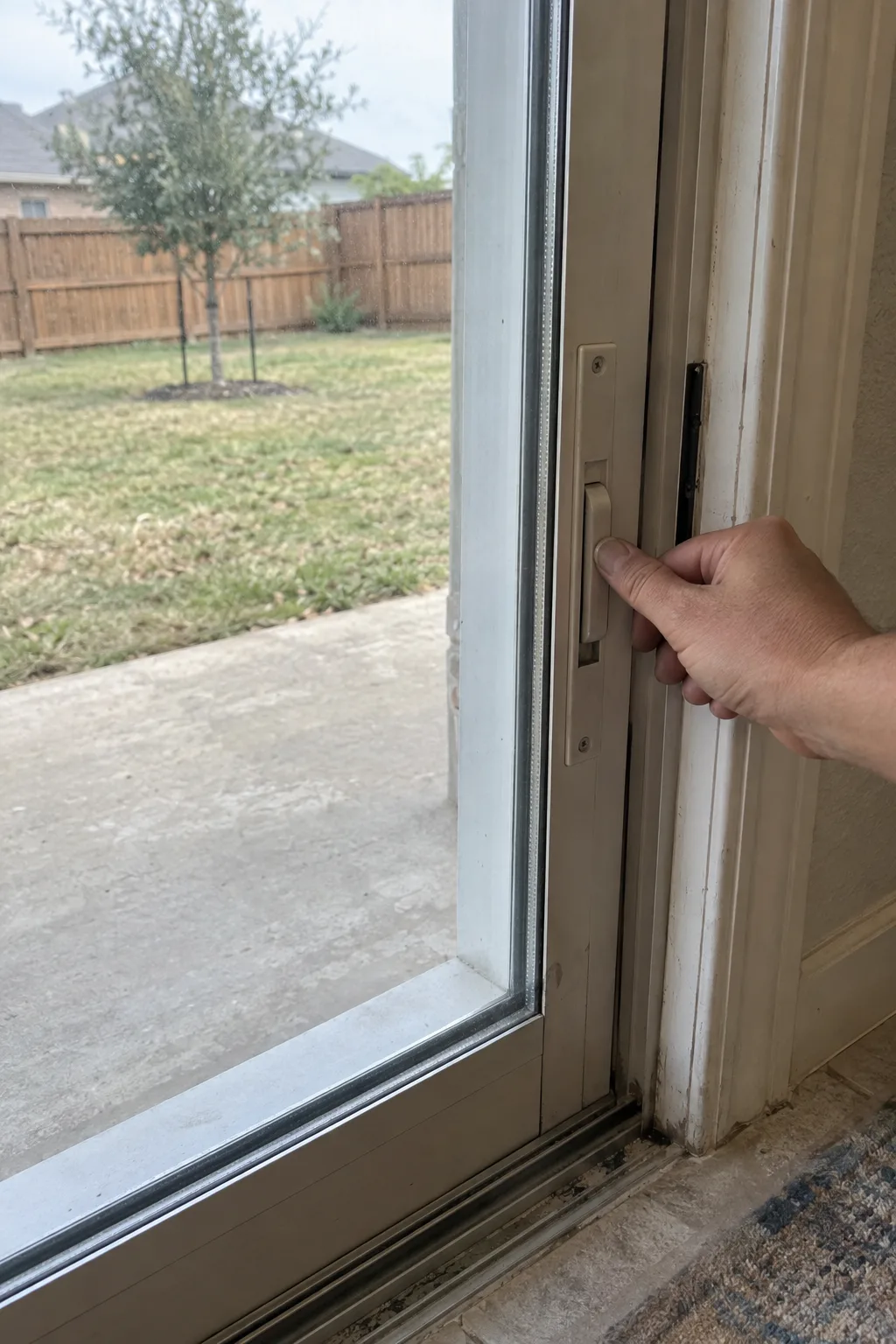 A hand testing the latch on a sliding glass patio door from inside a new construction home, with an aluminum track at the base of the door and a sunny suburban Texas backyard visible through the glass