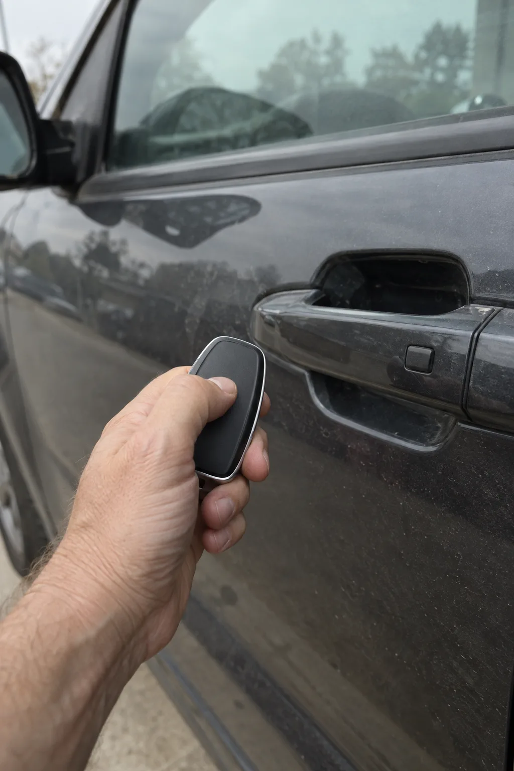 A hand holding a proximity smart key fob close to a car door handle