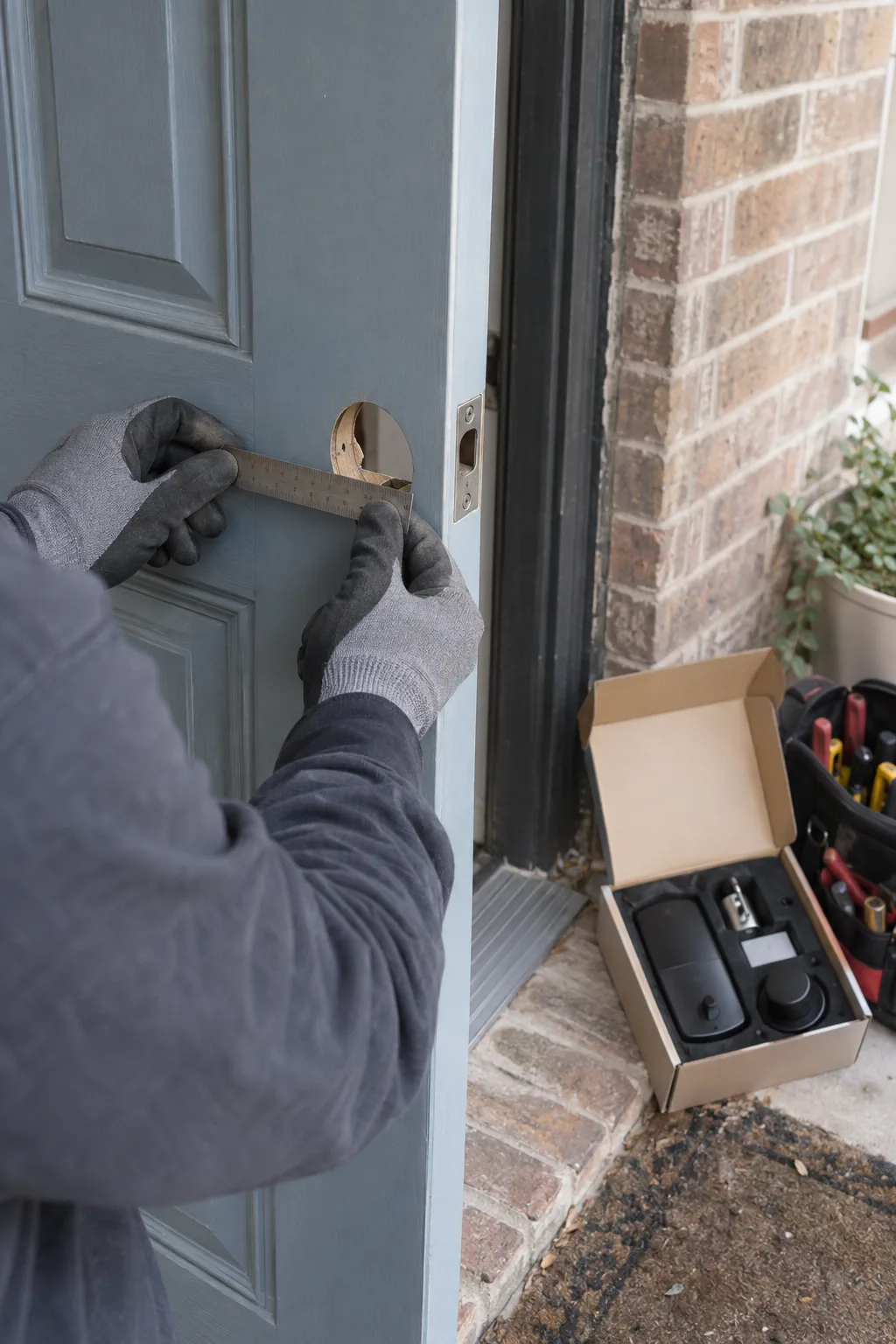 Gloved hands measuring the backset on a residential front door bore with a small ruler