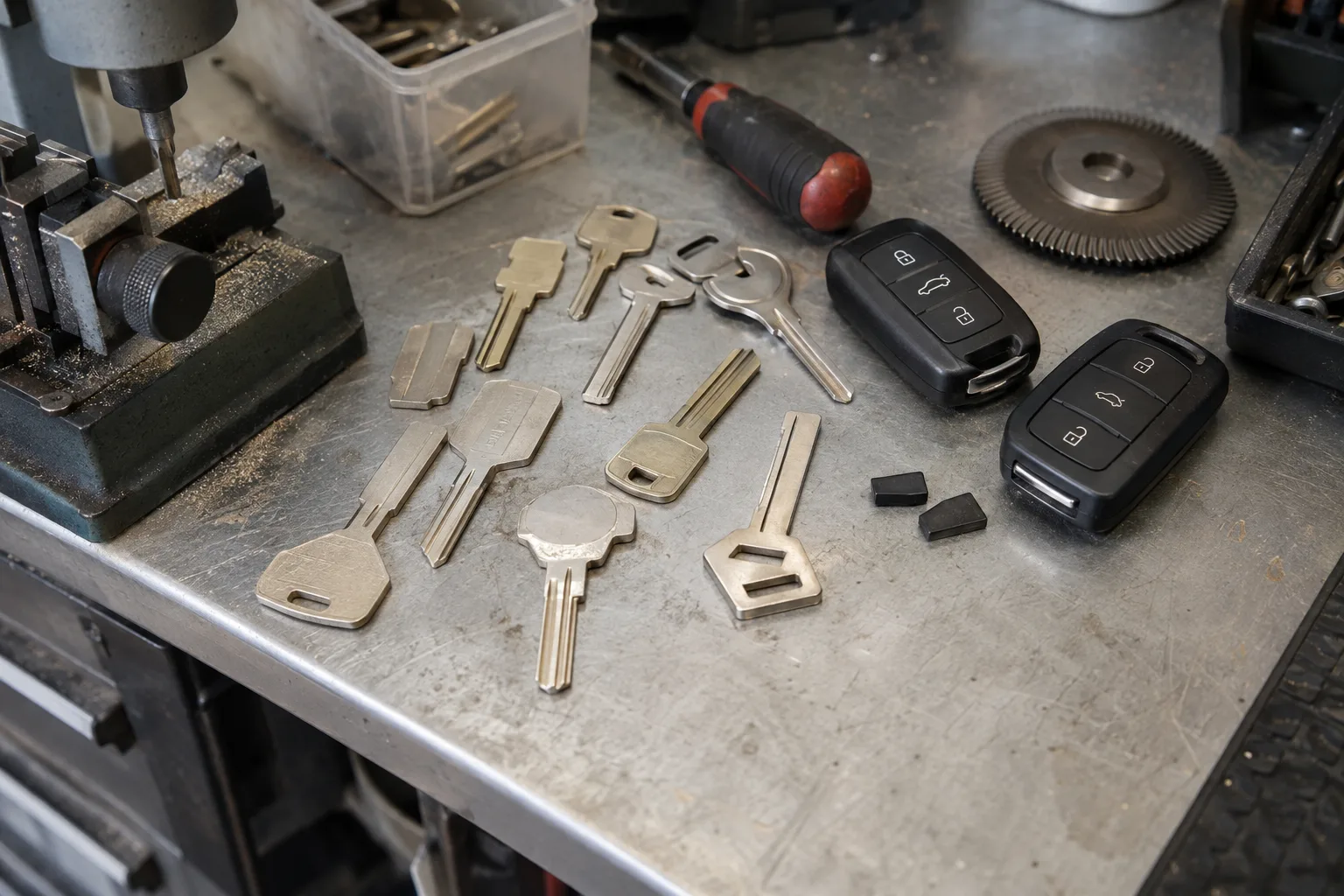 An assortment of uncut car key blanks in various profiles, black key fobs, and loose transponder components spread across a metal workbench beside a key-cutting wheel