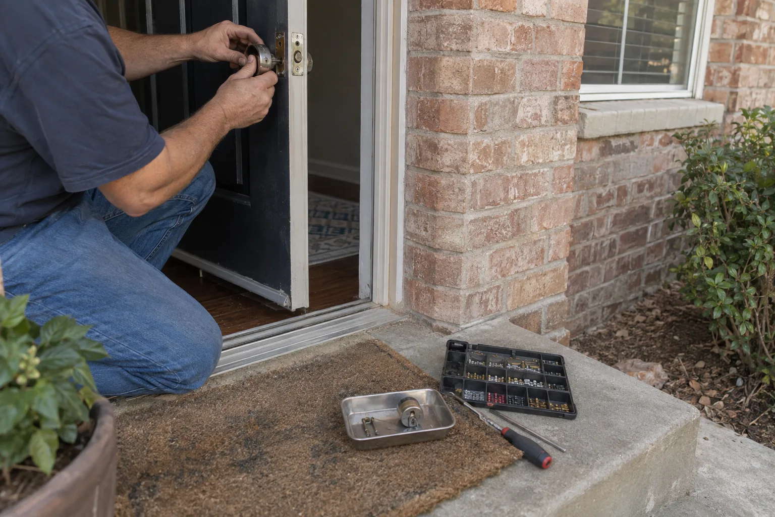 A locksmith at the front door of a red-brick ranch house with a removed deadbolt cylinder in a parts tray