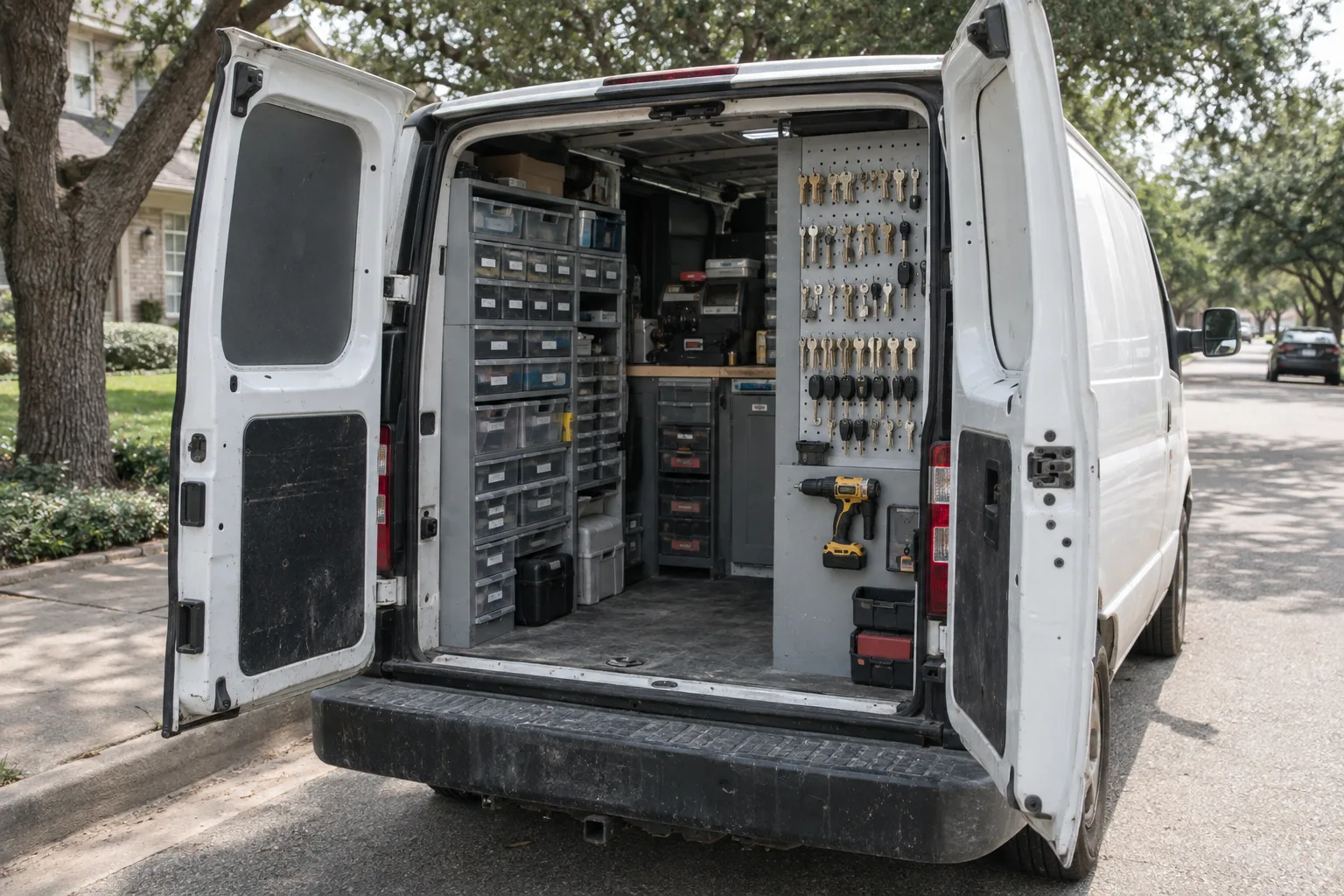 A white work van with its rear doors open, parked on a leafy suburban street, showing interior shelving with organised key blanks, tool drawers, and a secured cordless drill