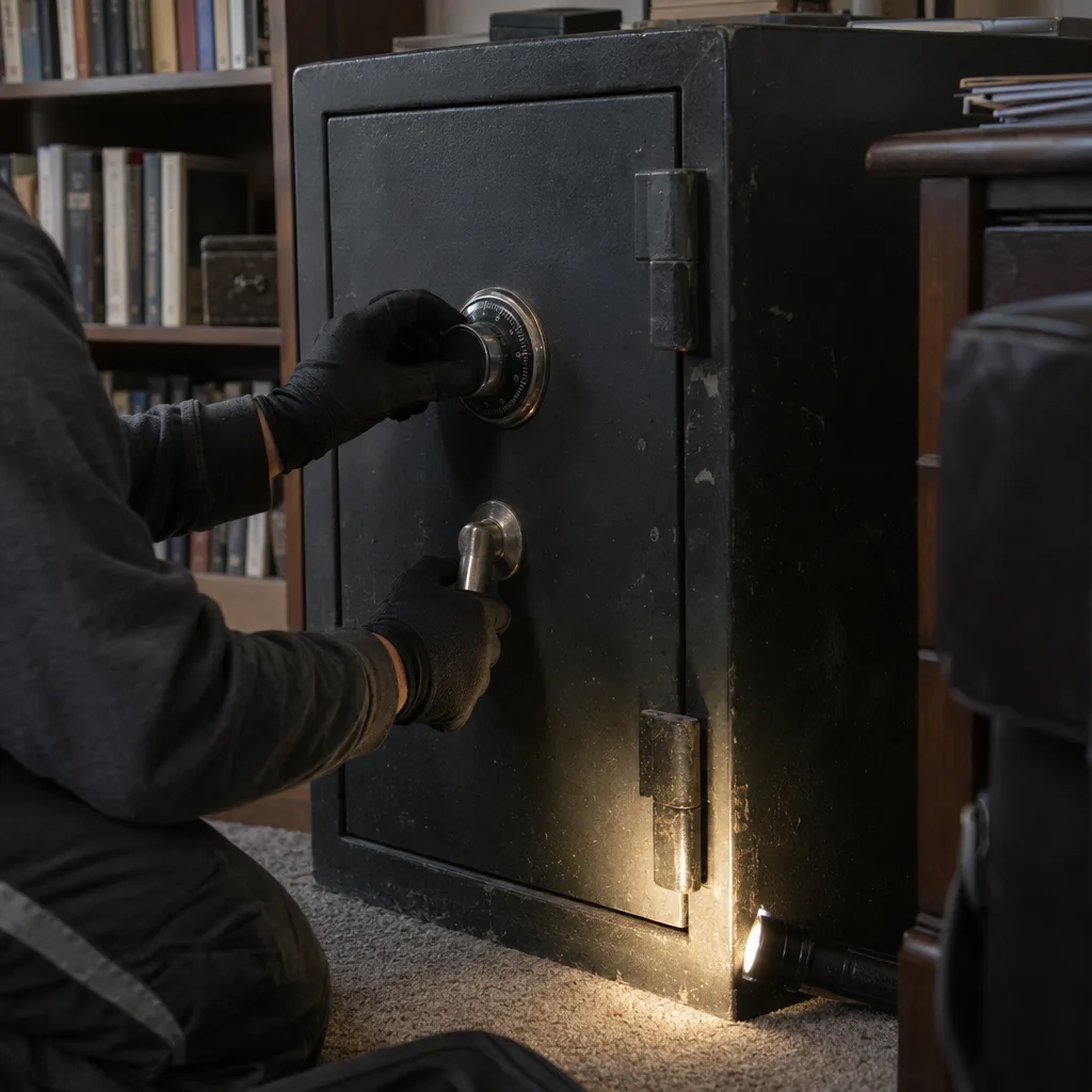 A pair of black-gloved hands on a combination safe, one on the dial, one on the lever handle, in a darkened home office at night, with a small flashlight propped on the floor illuminating the safe door.