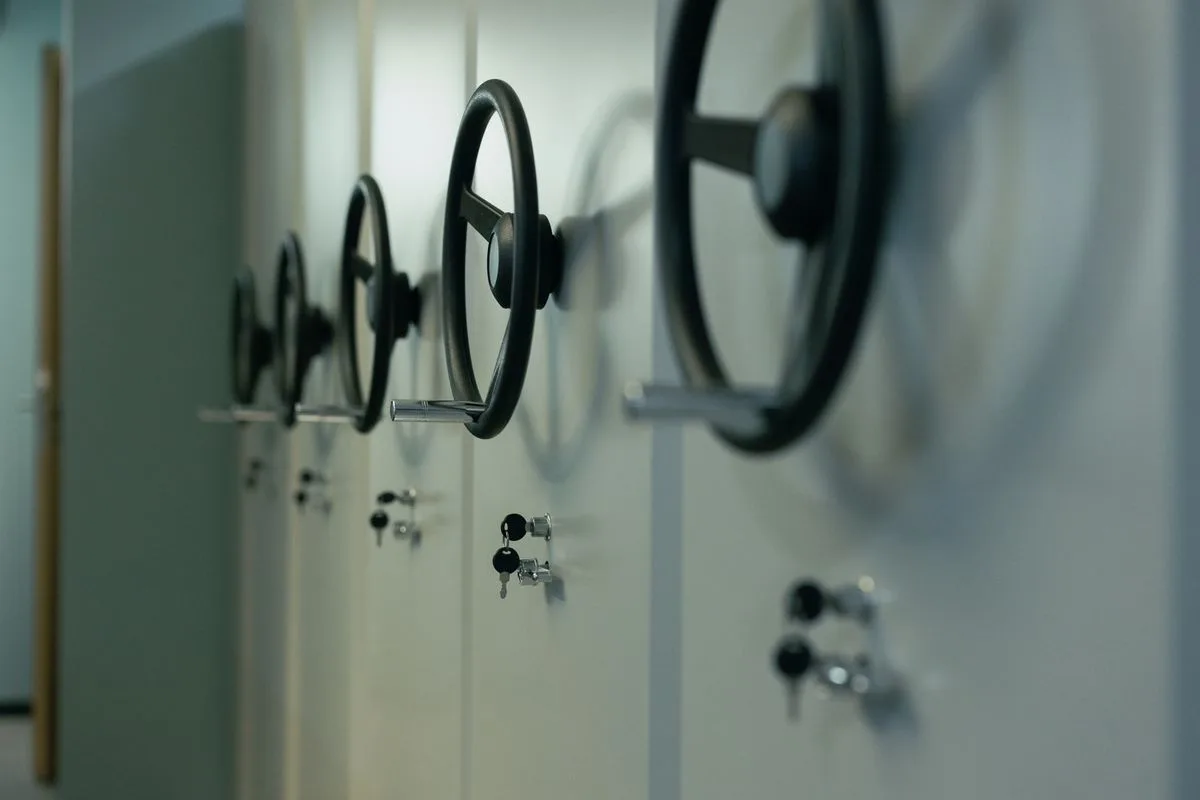 Close-up of industrial safes with manual locks and keys